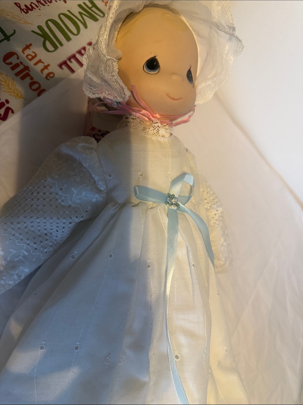 Vintage Precious Moment’s Baby Doll in White Baptism Gown with Blue Ribbon.